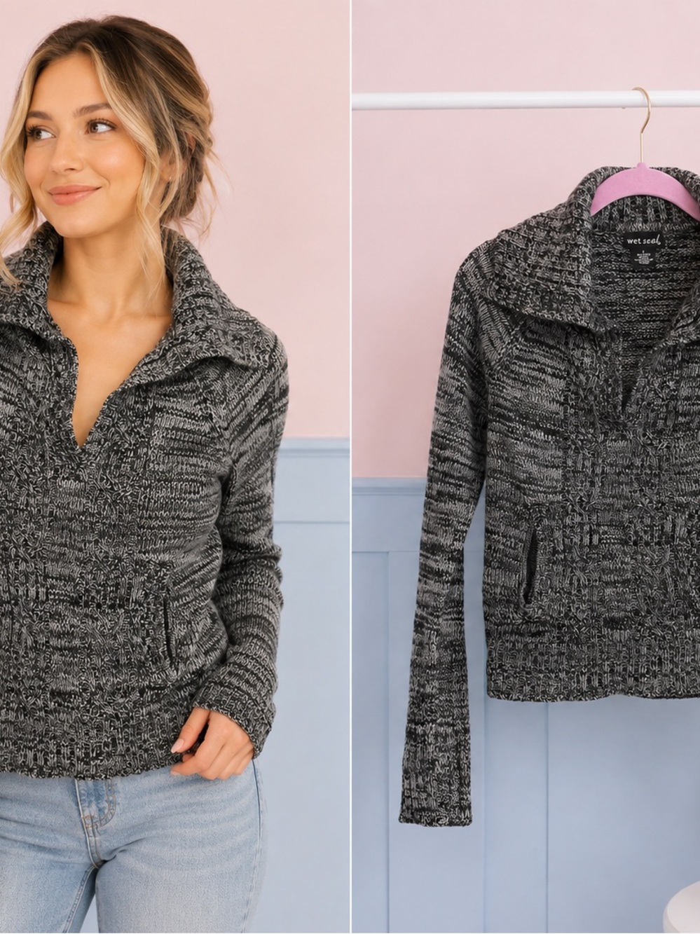 Wet Seal Black & Gray Marled Pullover Sweater Large